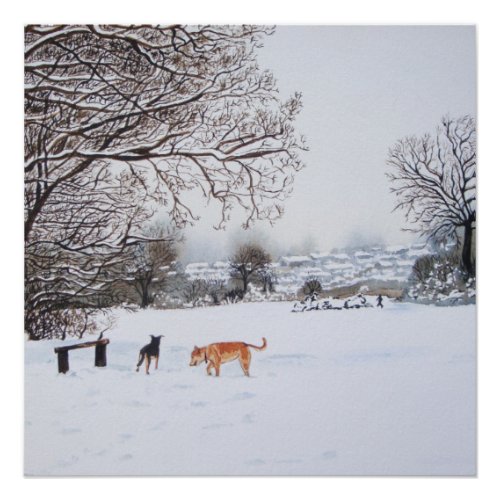 painting of snow scene landscape with dogs poster