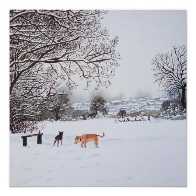 painting of snow scene landscape with dogs poster (Front)