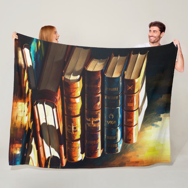 Painting of Stack of Old Books Cozy Reading Fleece Blanket (In Situ)