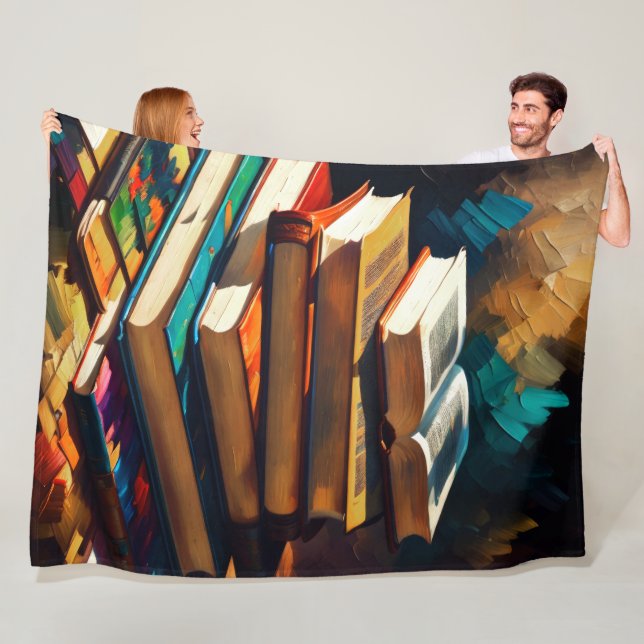 Painting of Stack of Old Books Cozy Reading Fleece Blanket (In Situ)