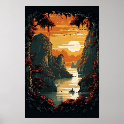Painting of Sunrise Over Mountains Poster ArtPrint