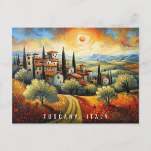 Painting of Sunset at Tuscany Italy Travel Art Postcard