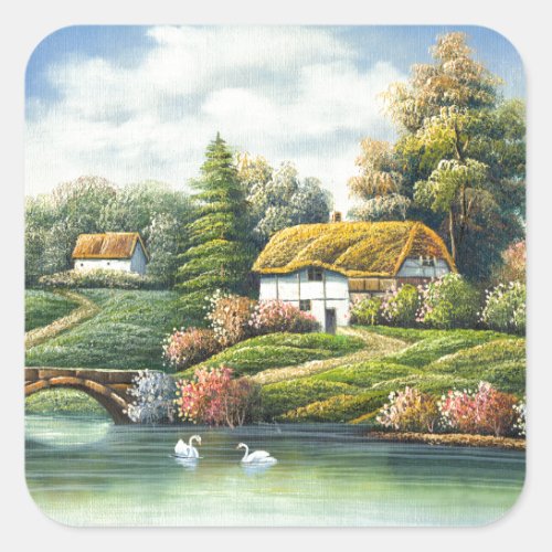 Painting Of Swans On A Lake Near A Home Square Sticker