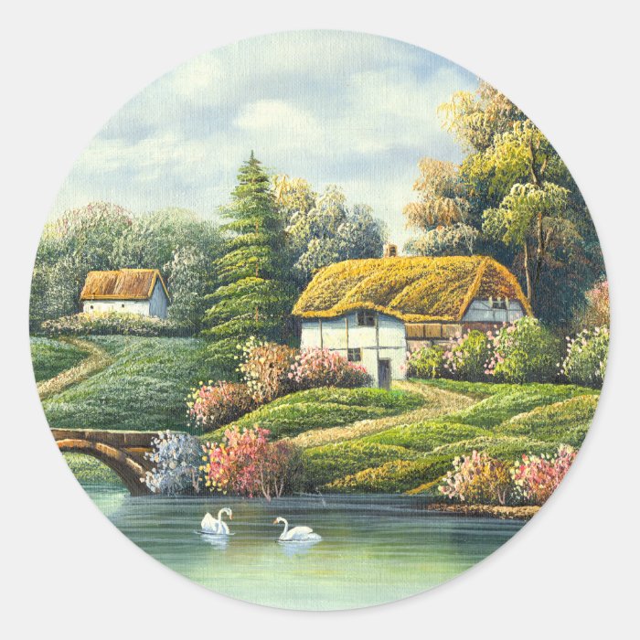 Painting Of Swans On A Lake Near A Home Stickers