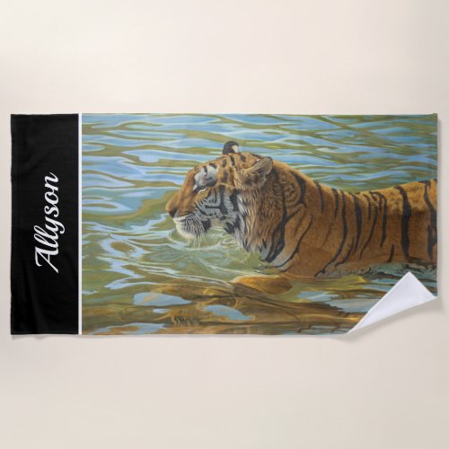 Painting Of Tiger Swimming  DIY Name  Black Beach Towel