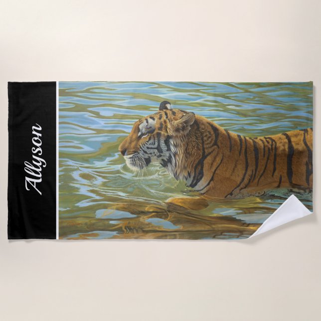 Painting Of Tiger Swimming | DIY Name | Black Beach Towel (Front)