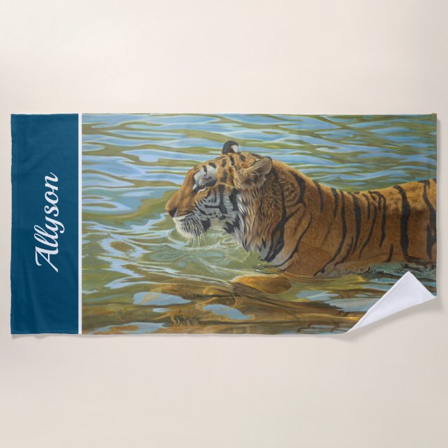 Painting Of Tiger Swimming | DIY Name | Ocean Blue Beach Towel (Front)
