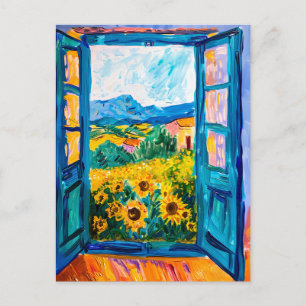 Painting of View of Sunflower Fields in Summer Postcard
