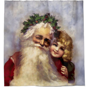 Painting of Vintage Father Christmas with Child Shower Curtain
