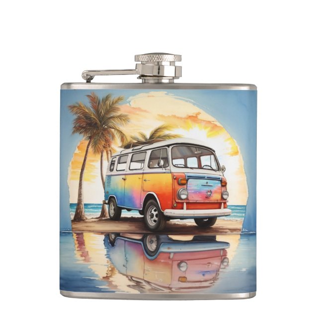 Painting of Vintage Minibus at Beach Flask (Front)