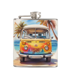 Painting of Vintage Minibus at The Beach Flask