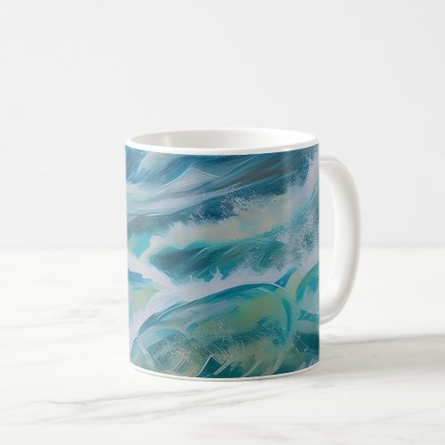 Painting of waves crashing on a beach coffee mug
