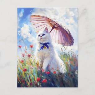 Painting of White Cat with Parasol in Poppy Field Postcard