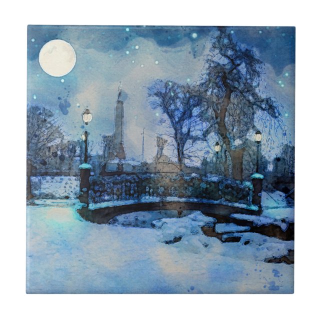 Painting of winter night in city park ceramic tile (Front)