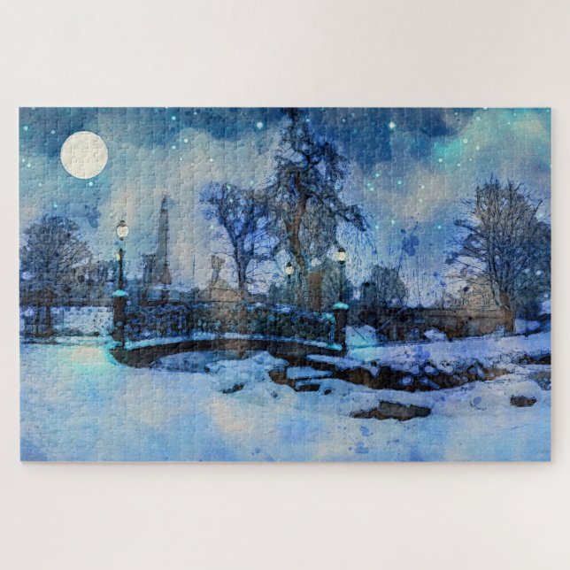 Painting of winter night in city park jigsaw puzzle (Horizontal)