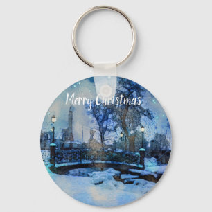 Painting of winter night in city park keychain