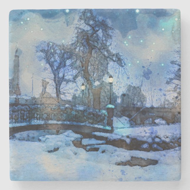 Painting of winter night in city park stone coaster (Front)