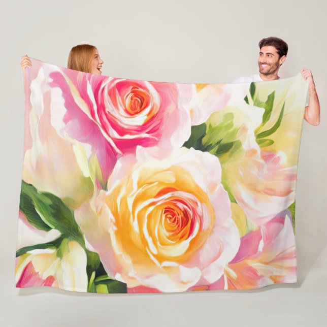 Painting of Yellow and Pink Roses Fleece Blanket (In Situ)