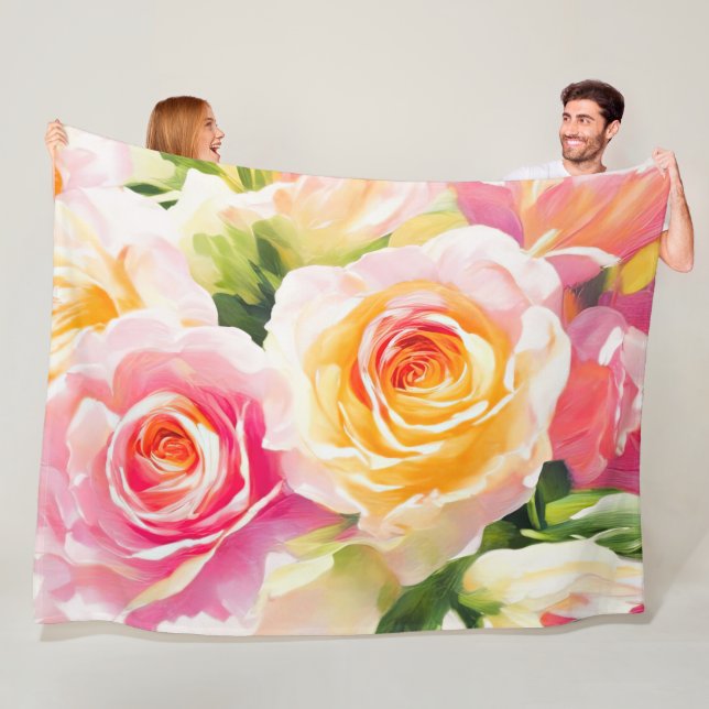 Painting of Yellow and Pink Roses Fleece Blanket (In Situ)