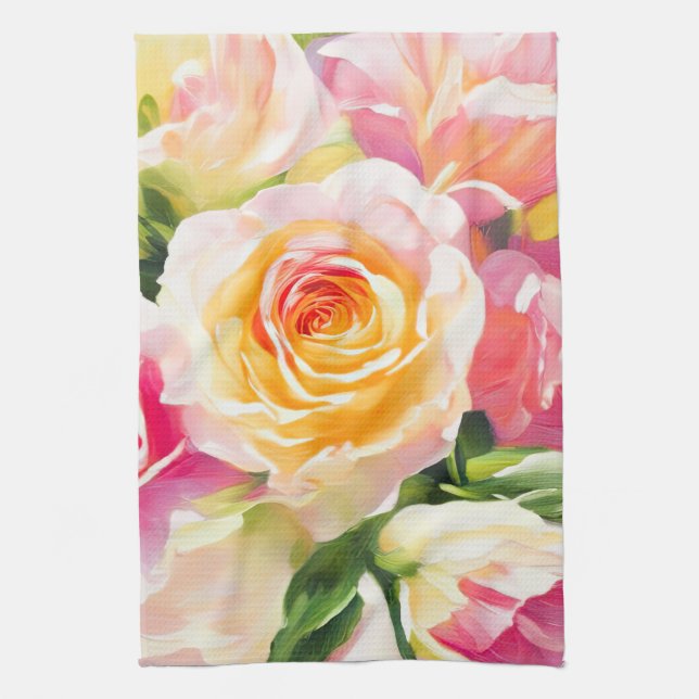 Painting of Yellow and Pink Roses Kitchen Towel (Vertical)