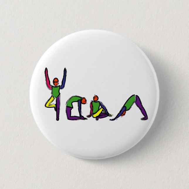 Painting of yoga poses spelling YOGA. Pinback Button (Front)