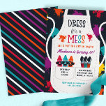 Painting Party Craft Art Kids Birthday Invitation<br><div class="desc">Painting Party Craft Art Kids Birthday Invitation. This design features a painting apron with paint splatter,  crayons,  and paint brushes.. Bright rainbow neon colors really stand out against the dark navy blue background. Rainbow stripes on the back. Personalize this custom invite design with your own art party details.</div>