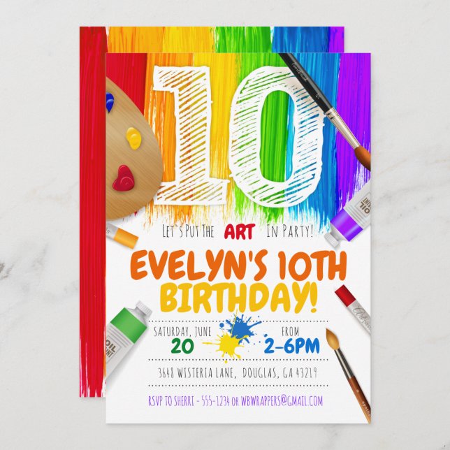 Painting Party Invitation, Art Birthday Party - 10 Invitation (Front/Back)