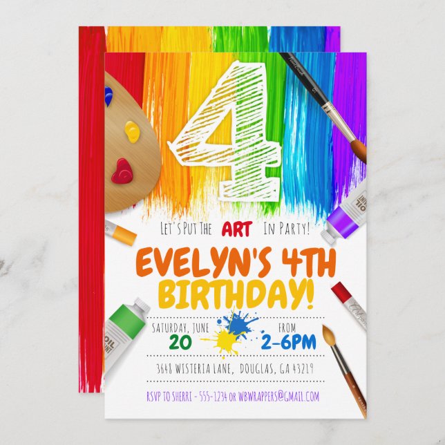 Painting Party Invitation, Art Birthday Party - 4 Invitation (Front/Back)