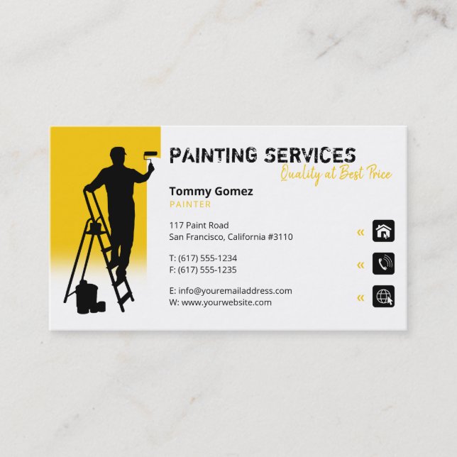 Painting Services | Painter at work Yellow Business Card (Front)