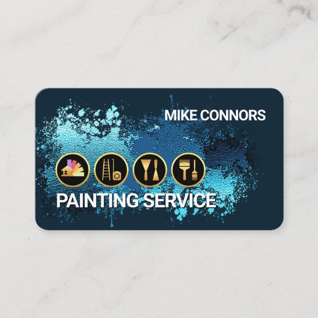 Painting Tools On Blue Paint Splatter Business Card (Front)
