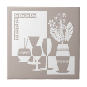 Painting vase with flowers and wine glasses light ceramic tile
