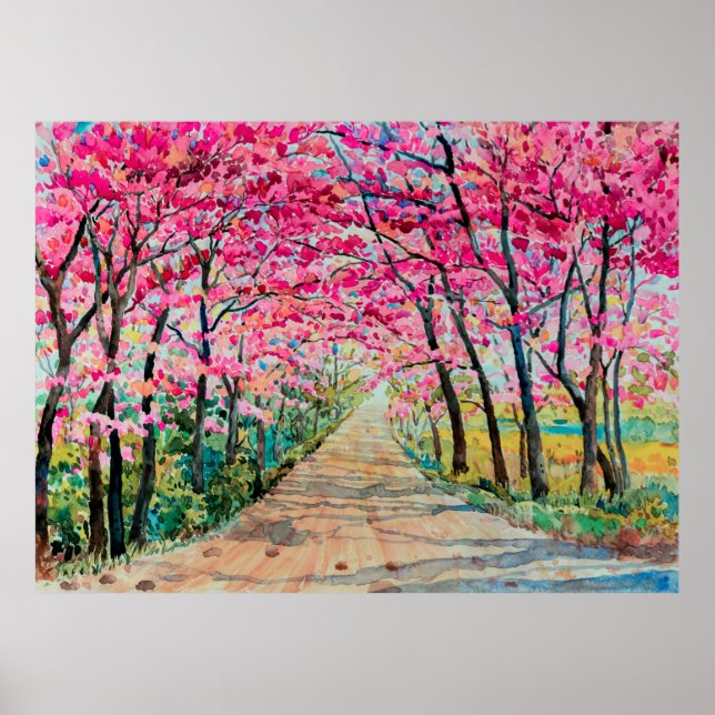 Painting watercolor landscape pink red color Tunne Poster (Front)