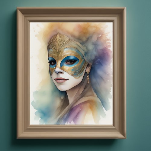 Painting Watercolor Woman Wearing Venetian Mask Poster