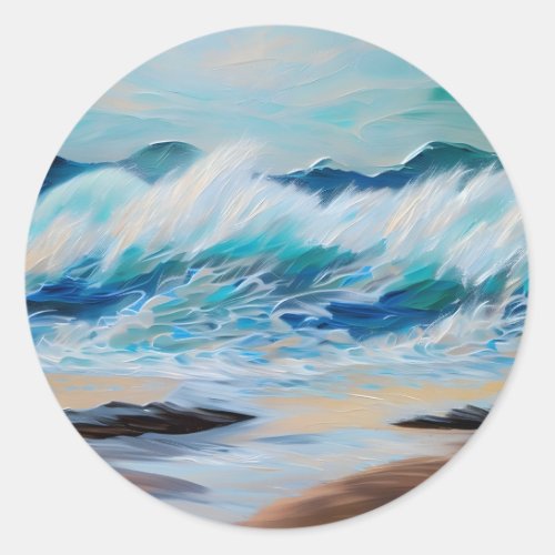 Painting Wave crashing on a beach art Classic Round Sticker