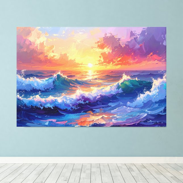 Painting waves at sunset sunrise 001 canvas print (Insitu(Wood Floor))