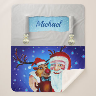 Painting with Smiling Rudolf and Santa Claus Sherpa Blanket