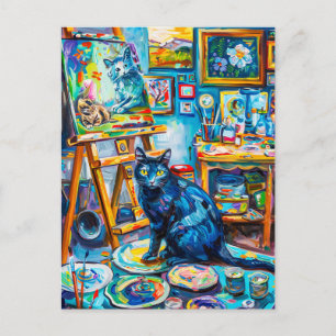 Paintinog a Cat in Painter's Studio Postcard