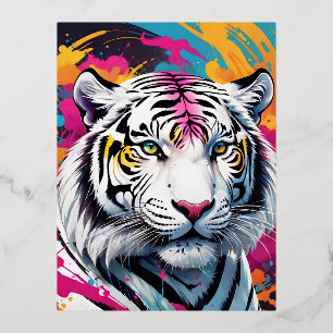 Paints explosion of colors white tigers man head c foil holiday postcard