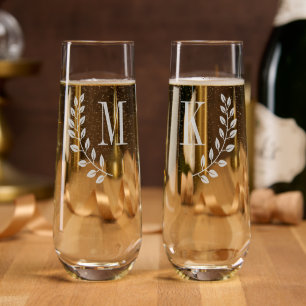 Pair Corner Branch Monogram Initials Wedding Stemless Champagne Flute
