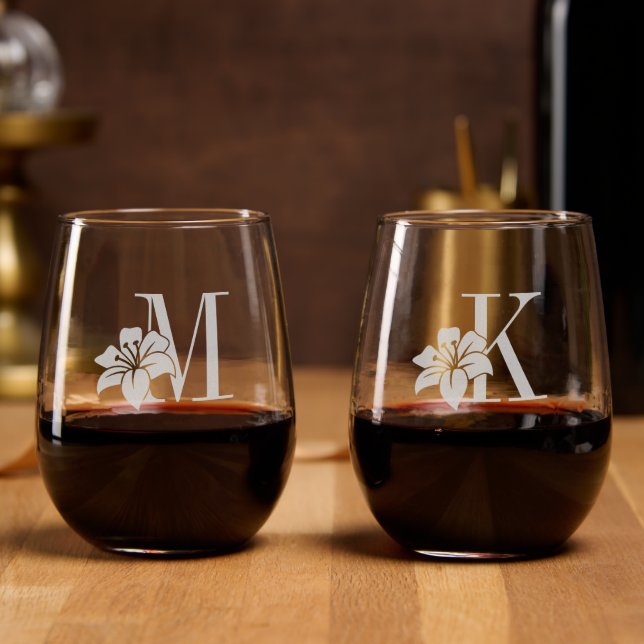 Pair Exotic Lily Flower Monogram Initial Stemless Wine Glass (Party)