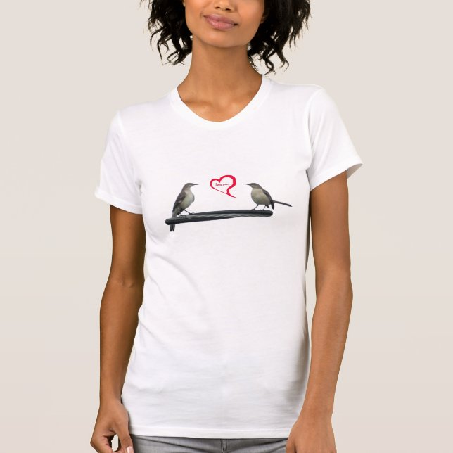Pair Mockingbirds with heart and sign Love you T-Shirt (Front)