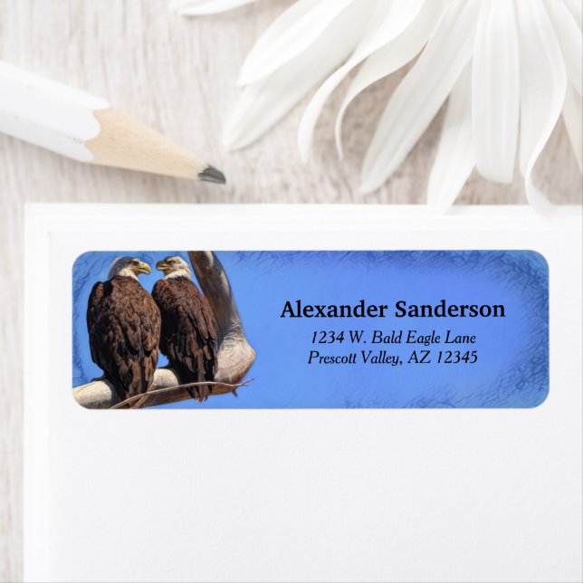 Pair Of Bald Eagles In Tree With Blue Background Label (Insitu)