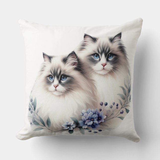 PAIR OF BEAUTIFUL FLUFFY RAGDOLL CATS THROW PILLOW (Front)