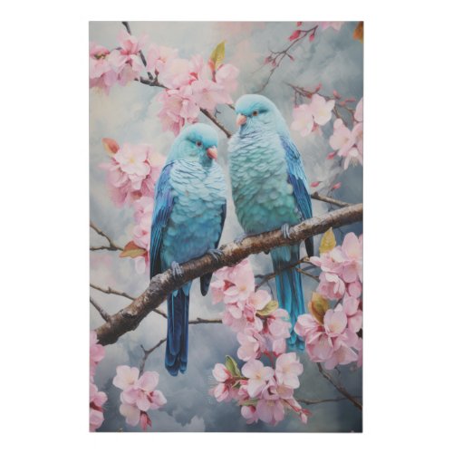 Pair of blue budgies in a cherry blossom tree faux canvas print