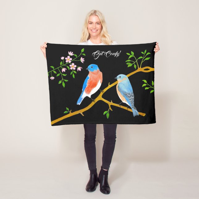 Pair of Bluebirds Black Fleece Blanket (In Situ)