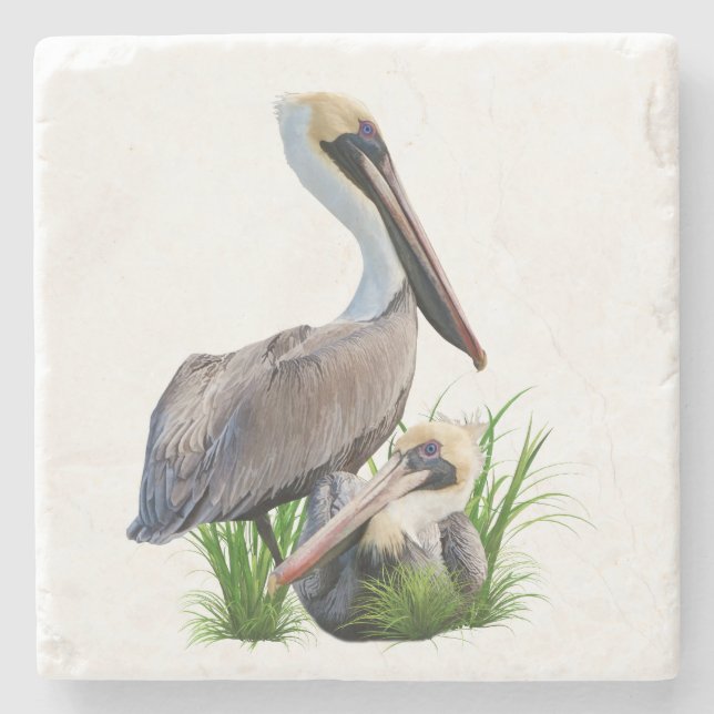 Pair of Brown Pelicans Customizable Stone Coaster (Front)