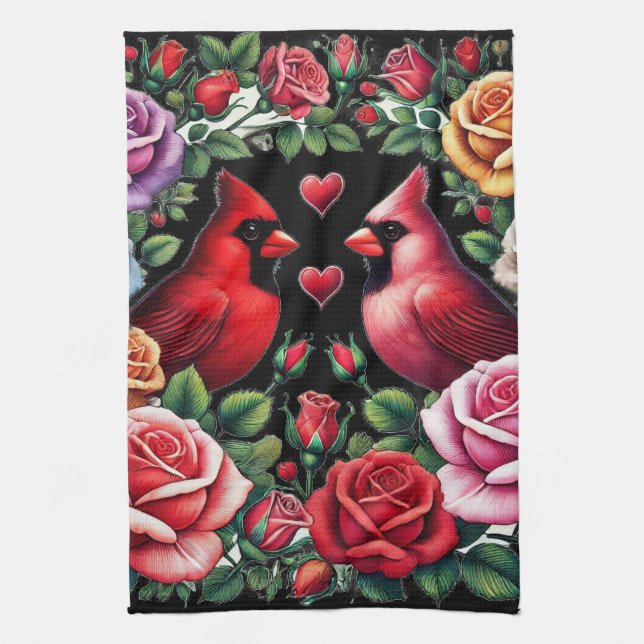 Pair of Cardinals Amid Vibrant Roses Kitchen Towel (Vertical)