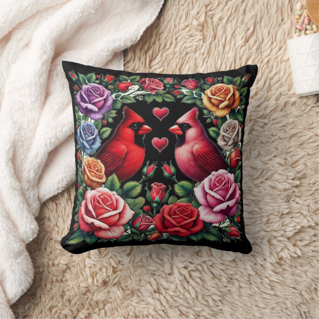 Pair of Cardinals Amid Vibrant Roses Throw Pillow (Blanket)