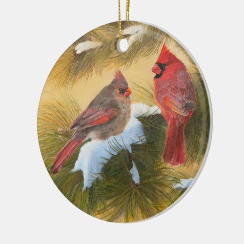 Pair of cardinals ceramic ornament