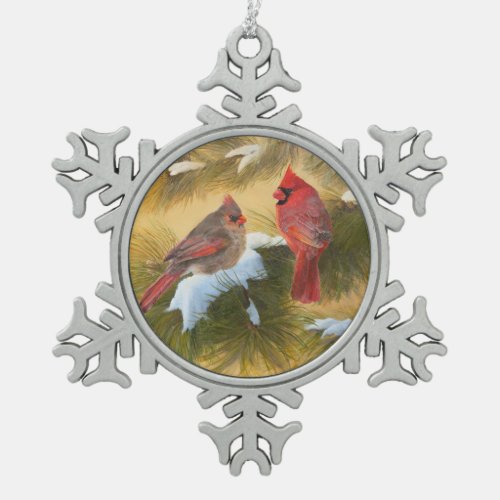 Pair of cardinals snowflake pewter christmas ornament